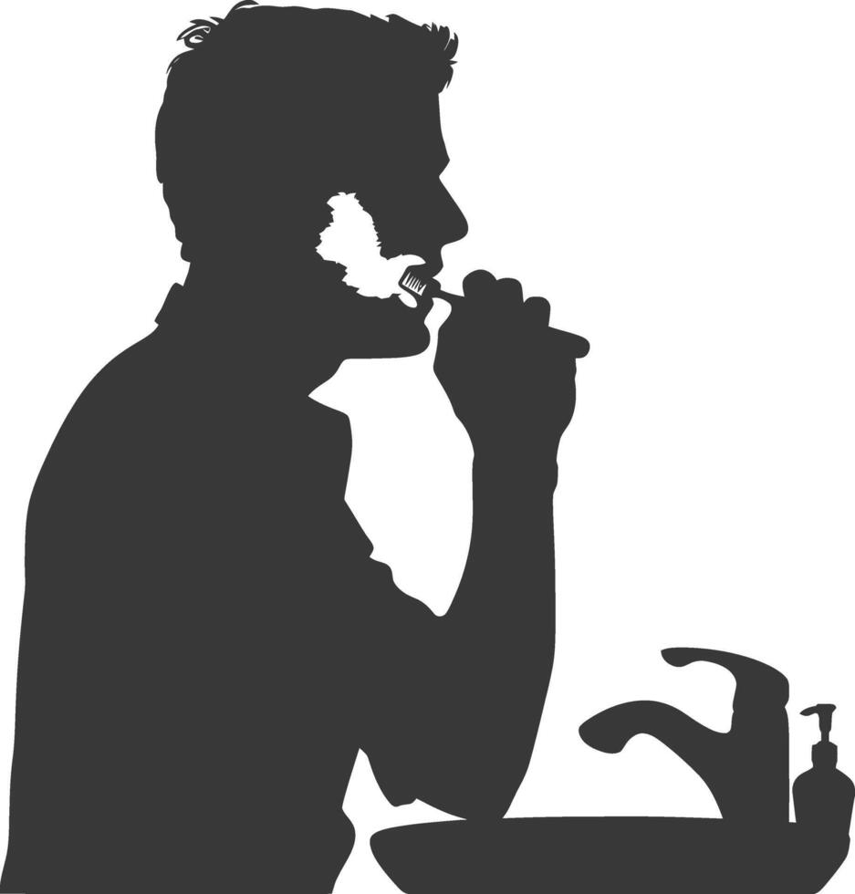silhouette man brushing his teeth in front of the sink black color only vector