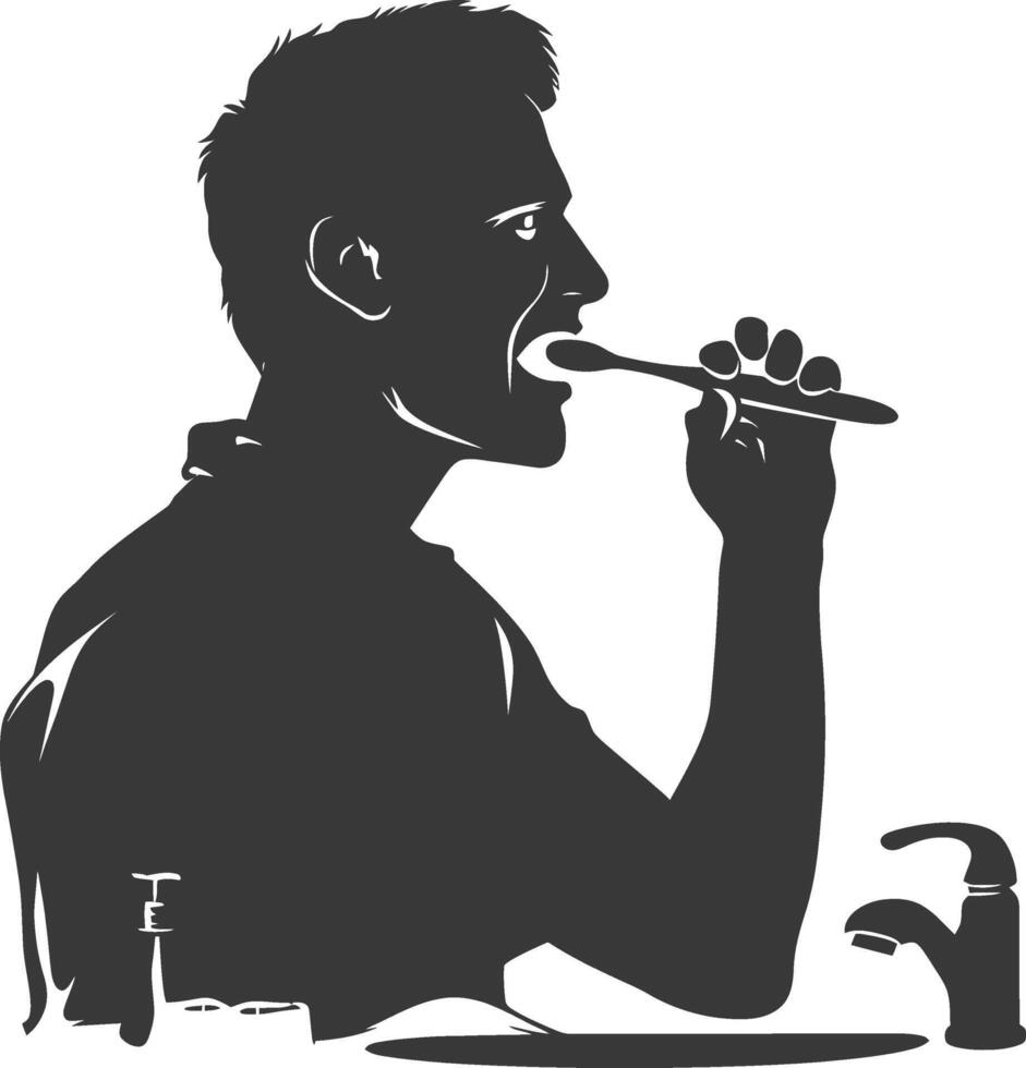 silhouette man brushing his teeth in front of the sink black color only vector