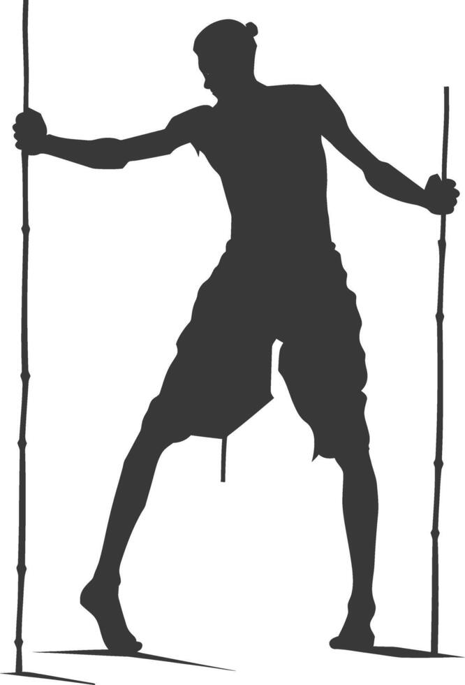 silhouette man dancing traditional bamboo dance bamboos stilts game vector