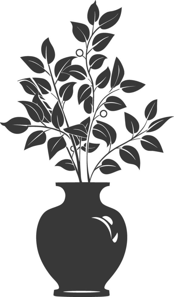 silhouette ornamental plants in vase full body black color only vector