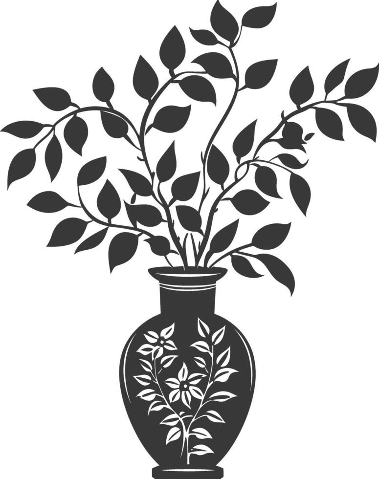 silhouette ornamental plants in vase full body black color only vector