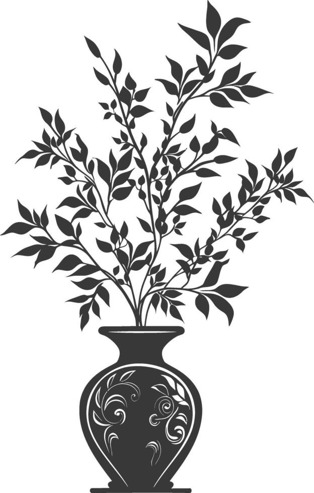 silhouette ornamental plants in vase full body black color only vector