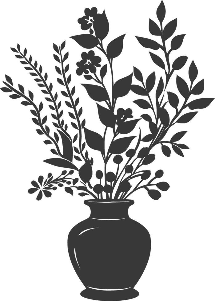 silhouette ornamental plants in vase full body black color only vector