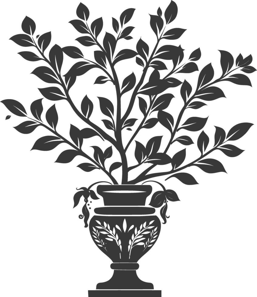 silhouette ornamental plants in vase full body black color only vector
