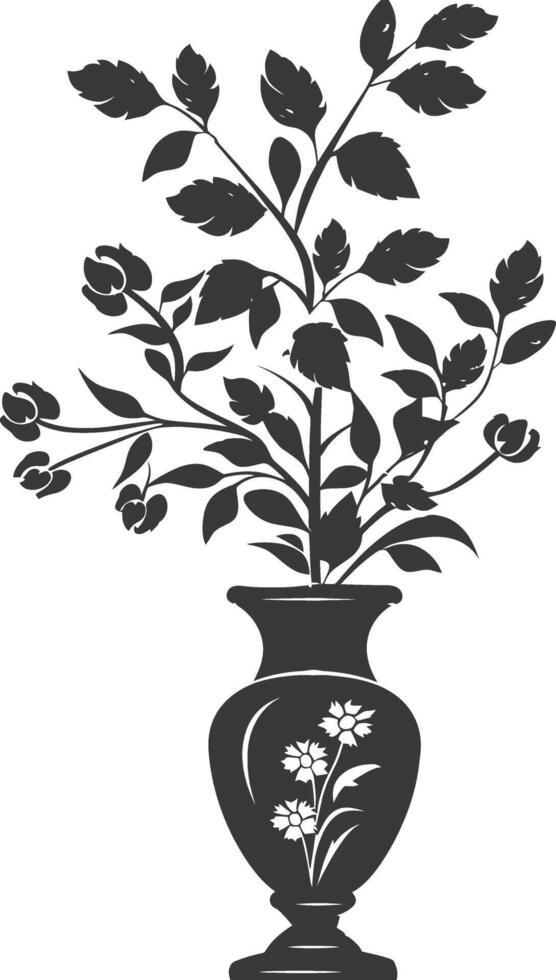 silhouette ornamental plants in vase full body black color only vector