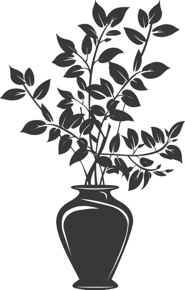 silhouette ornamental plants in vase full body black color only vector