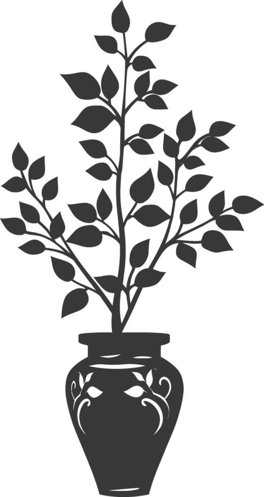 silhouette ornamental plants in vase full body black color only vector