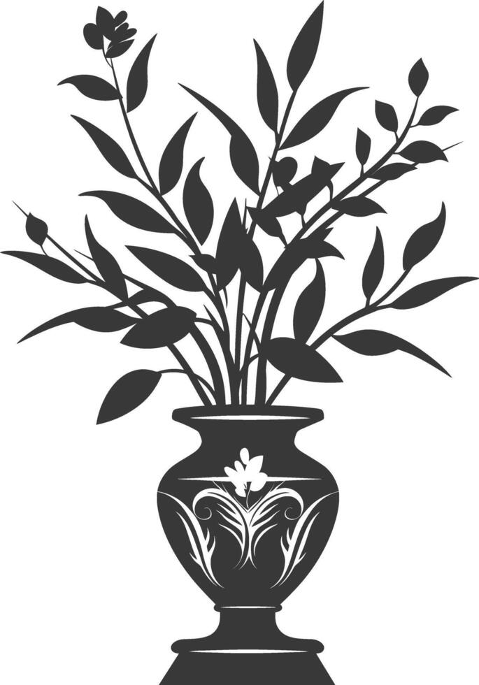 silhouette ornamental plants in vase full body black color only vector