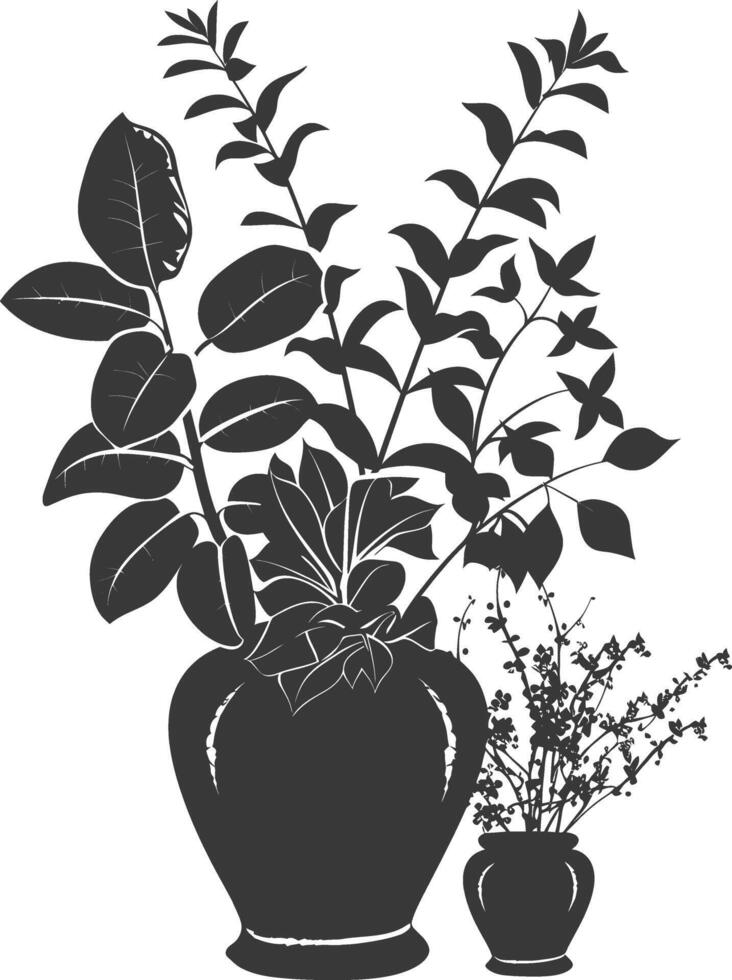 silhouette ornamental plants in vase full body black color only vector