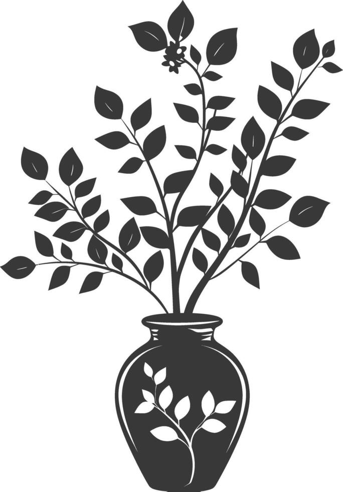 silhouette ornamental plants in vase full body black color only vector