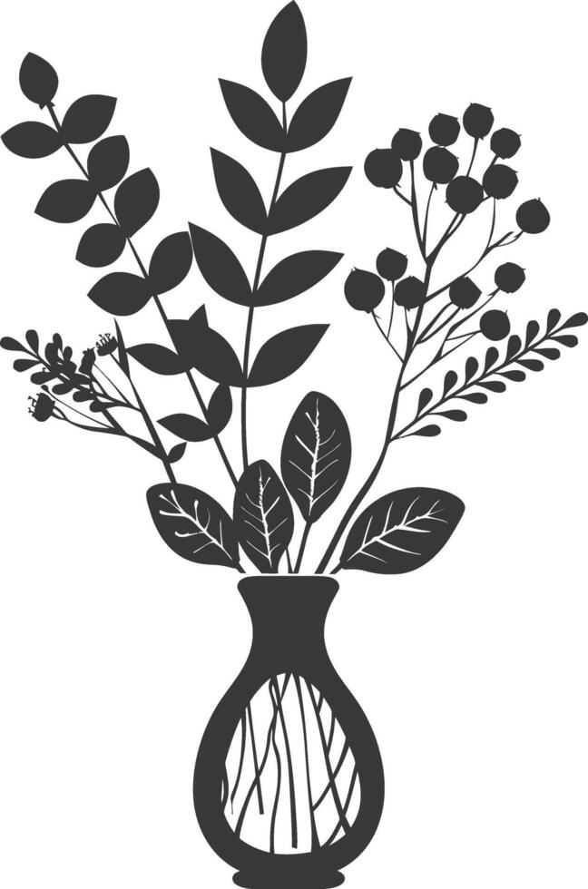 silhouette ornamental plants in vase full body black color only vector