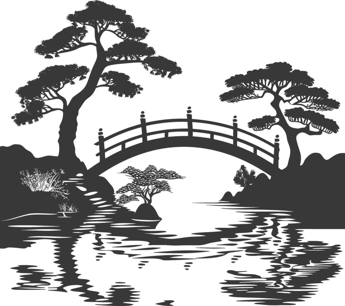 silhouette traditional japanese garden with bridge black color only vector