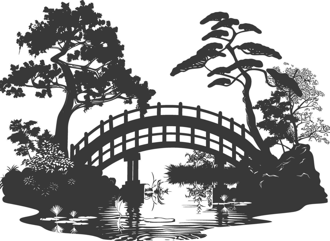 silhouette traditional japanese garden with bridge black color only vector