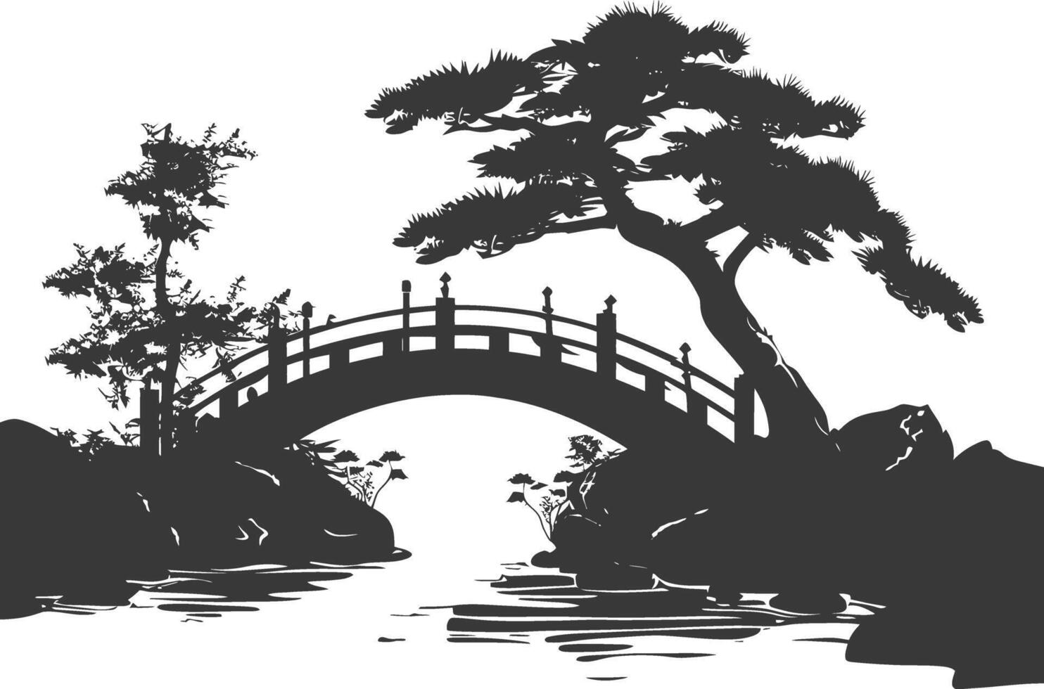silhouette traditional japanese garden with bridge black color only vector