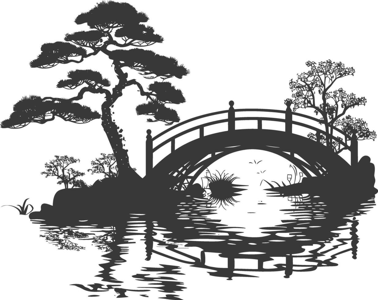 silhouette traditional japanese garden with bridge black color only vector