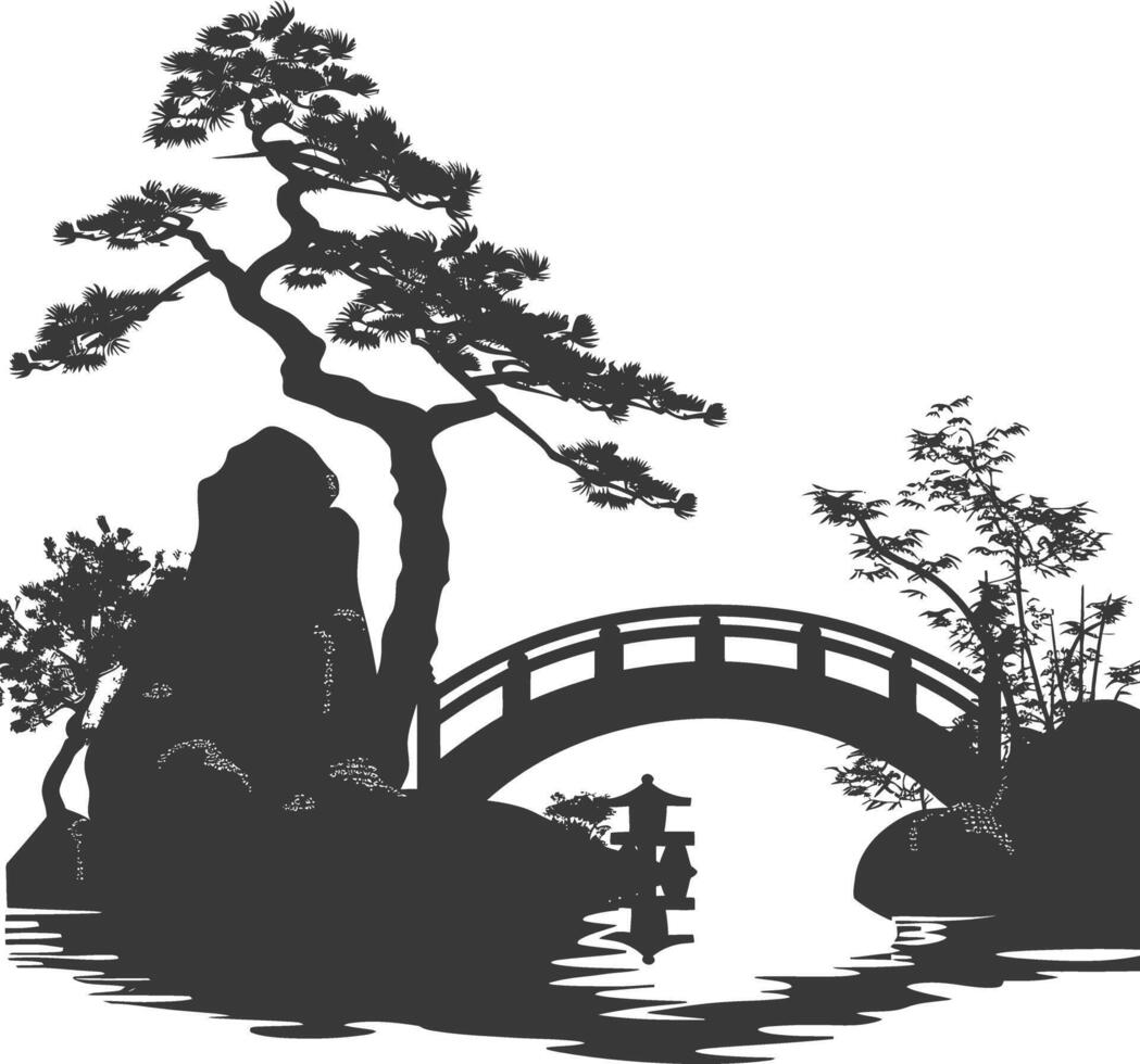 silhouette traditional japanese garden with bridge black color only vector