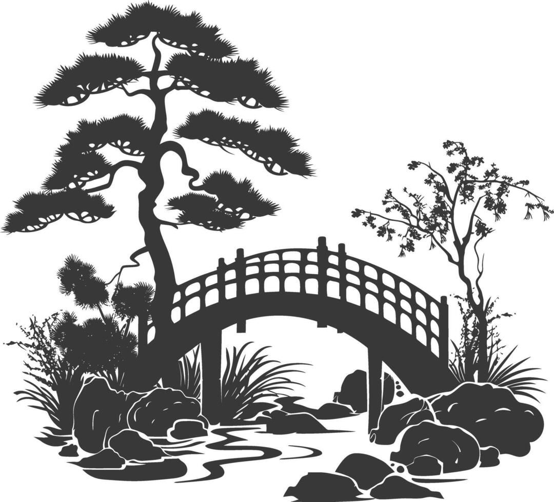silhouette traditional japanese garden with bridge black color only vector