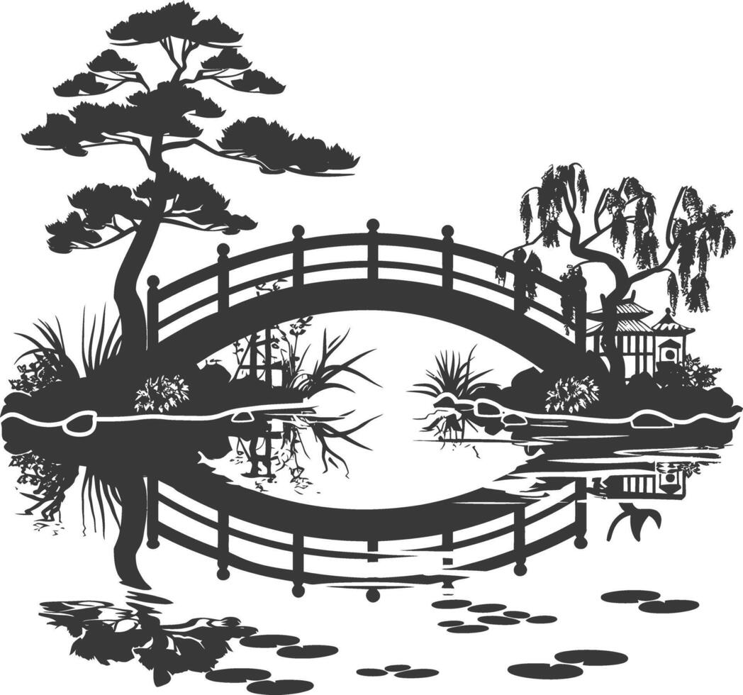 silhouette traditional japanese garden with bridge black color only vector