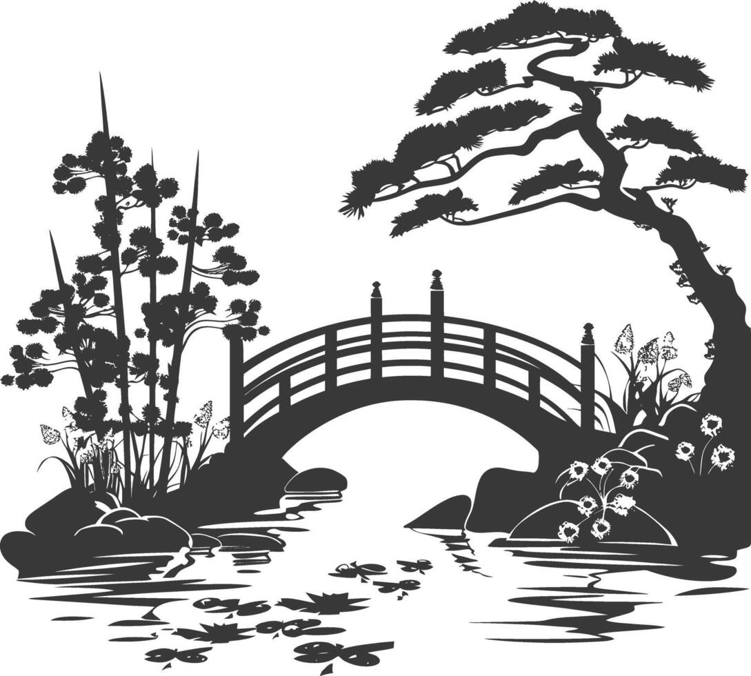 silhouette traditional japanese garden with bridge black color only vector