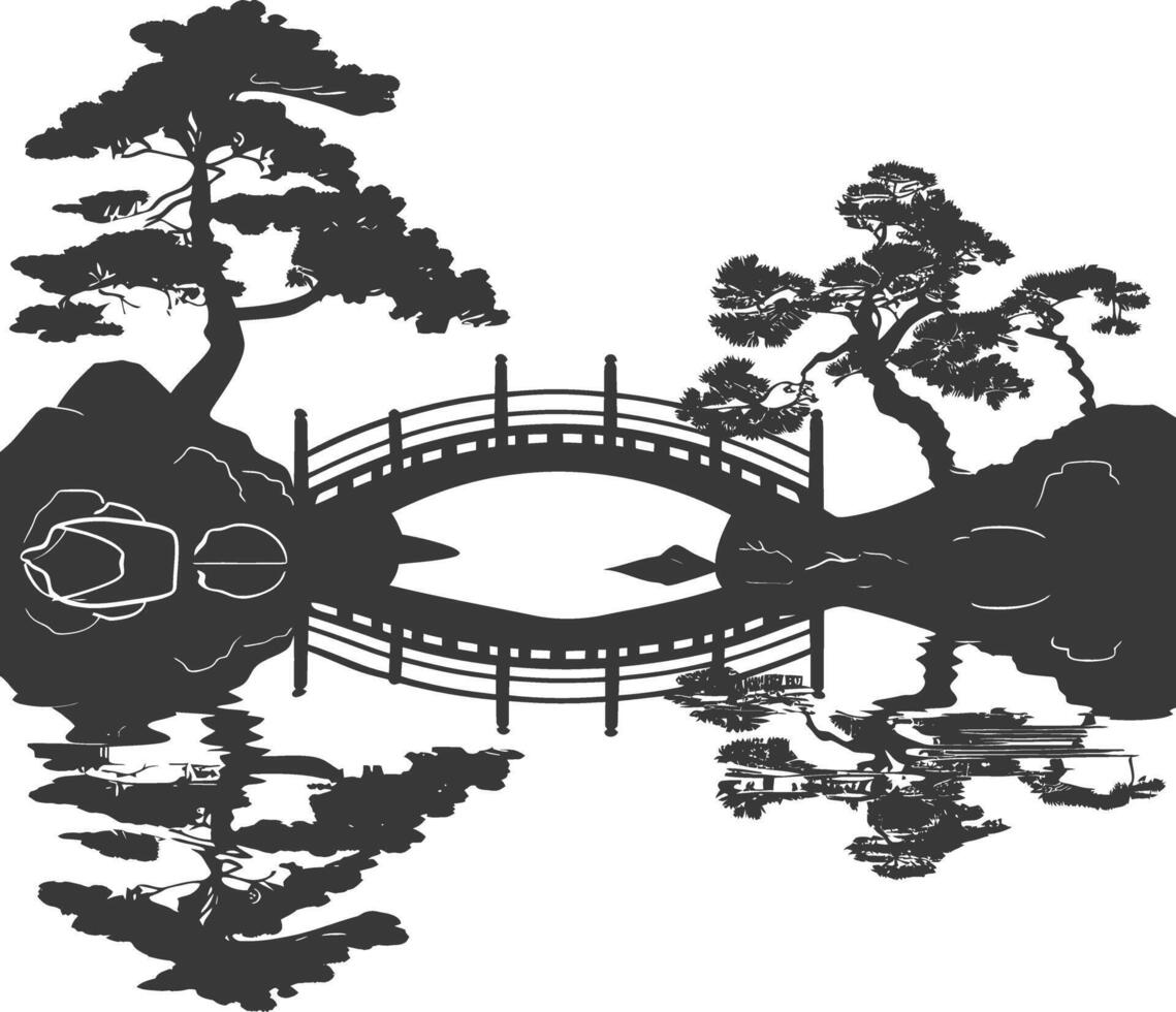 silhouette traditional japanese garden with bridge black color only vector