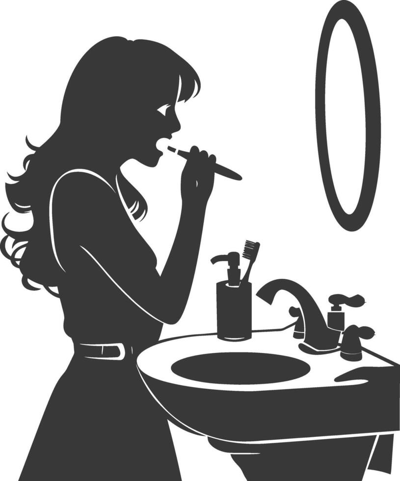 silhouette woman brushing his teeth in front of the mirror black color only vector