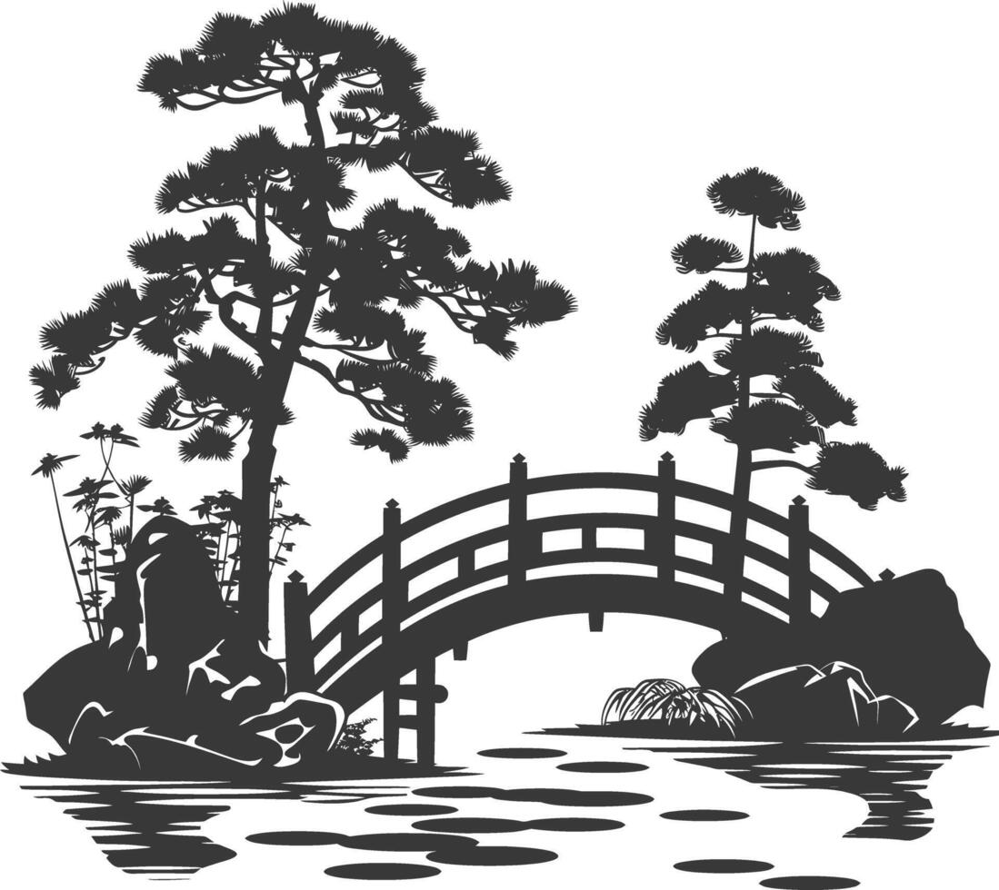 silhouette traditional japanese garden with bridge black color only vector