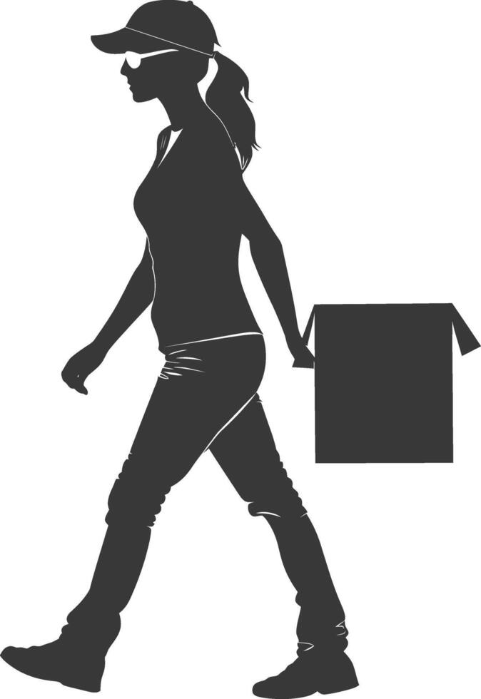 silhouette woman carry goods in loader box black color only vector