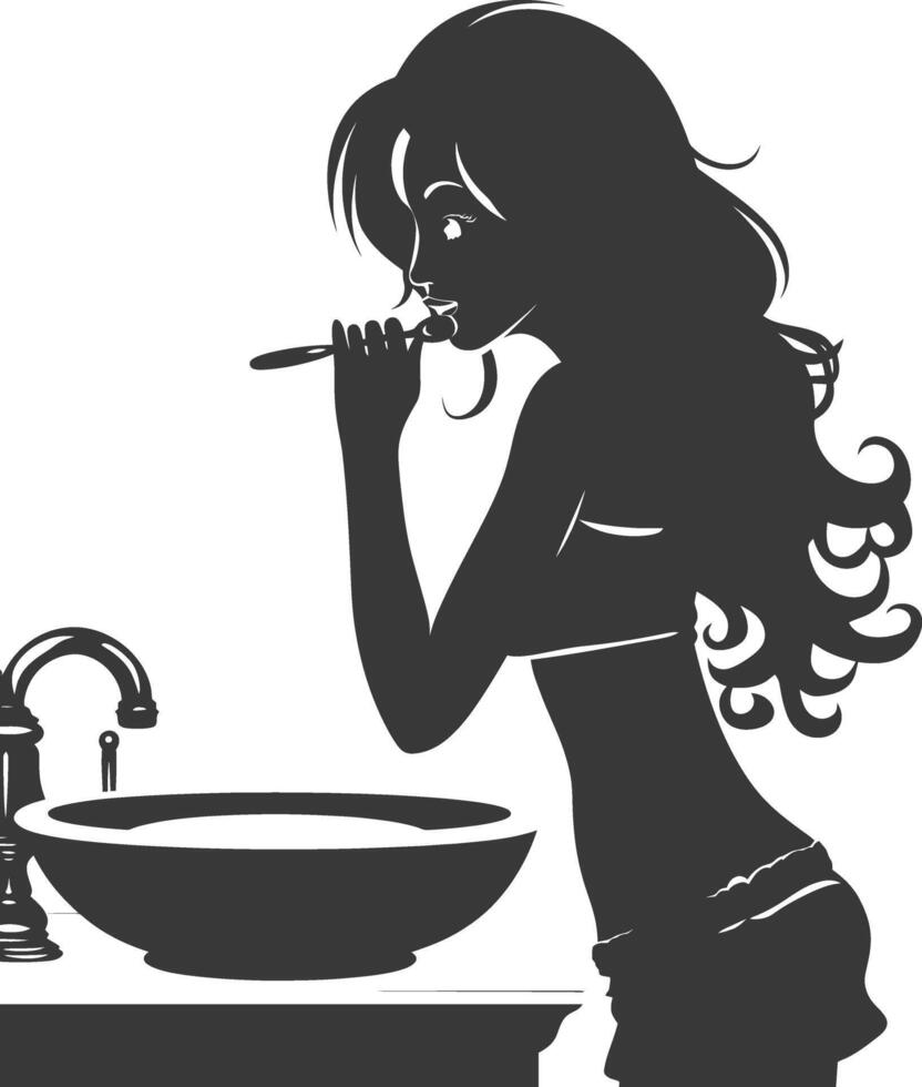 silhouette woman brushing his teeth in front of the mirror black color only vector