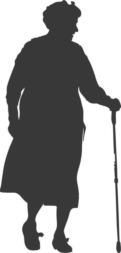 silhouette elderly woman with walking stick full body black color only vector