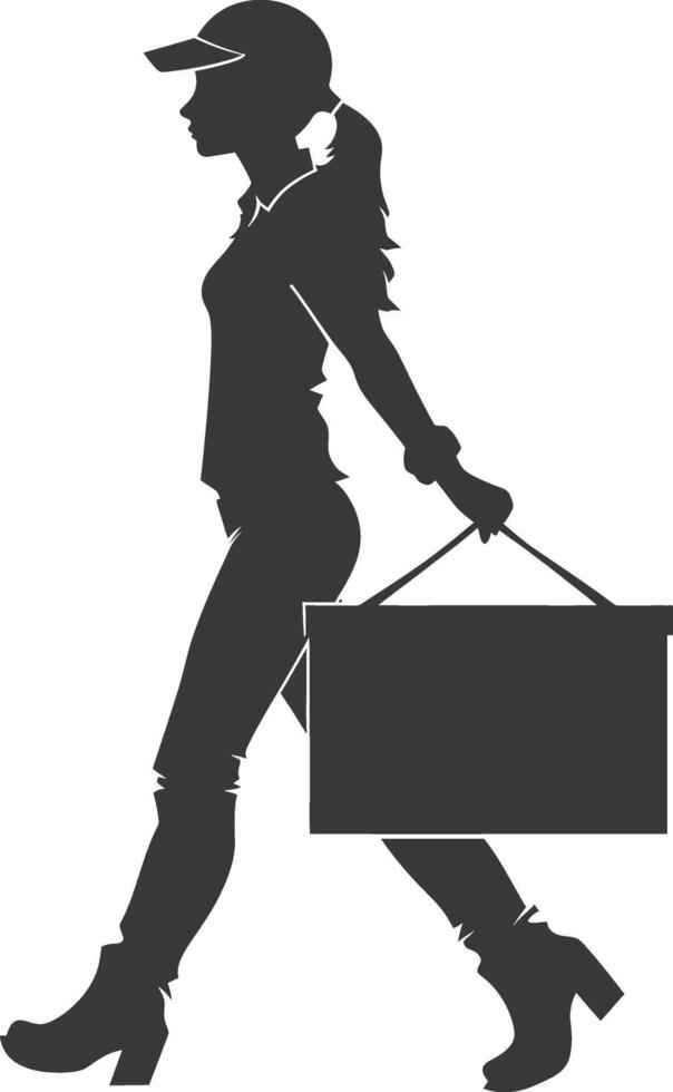 silhouette woman carry goods in loader box black color only vector