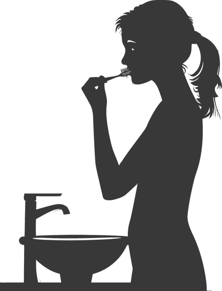 silhouette woman brushing his teeth in front of the mirror black color only vector
