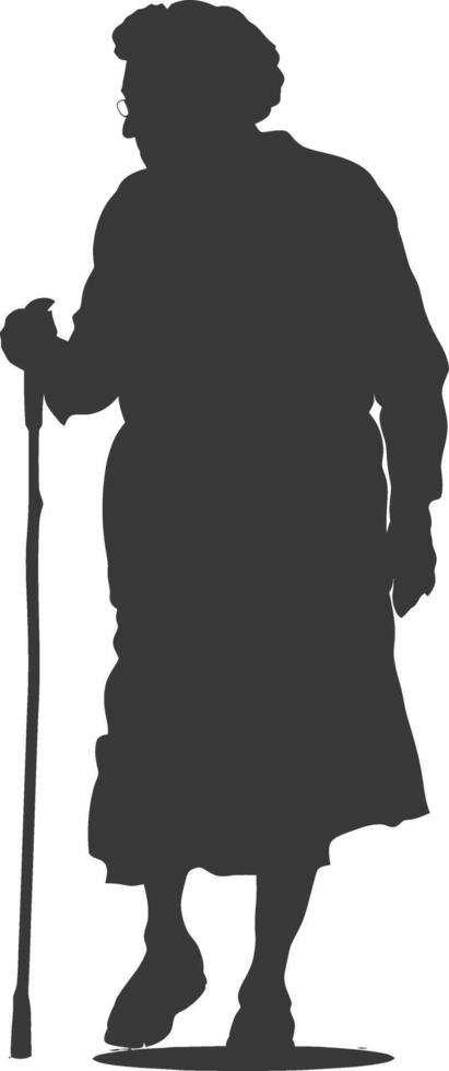silhouette elderly woman with walking stick full body black color only vector