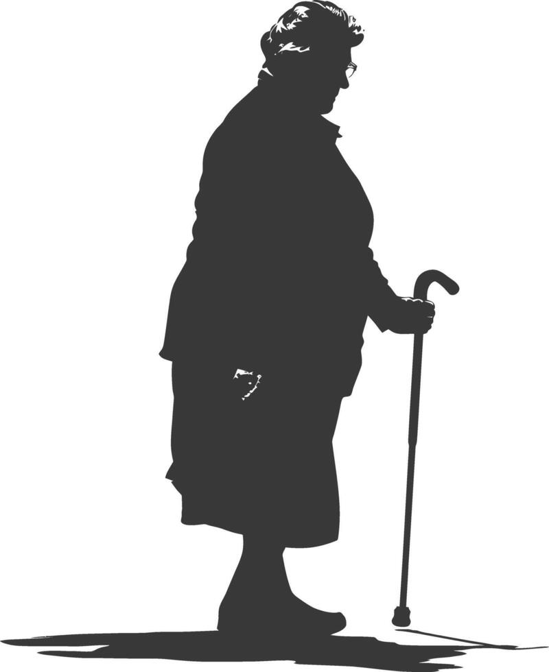 silhouette elderly woman with walking stick full body black color only vector