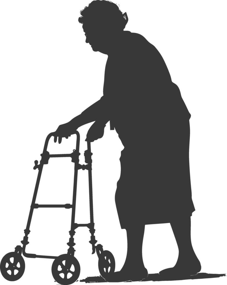 silhouette elderly woman with walking frames full body black color only vector