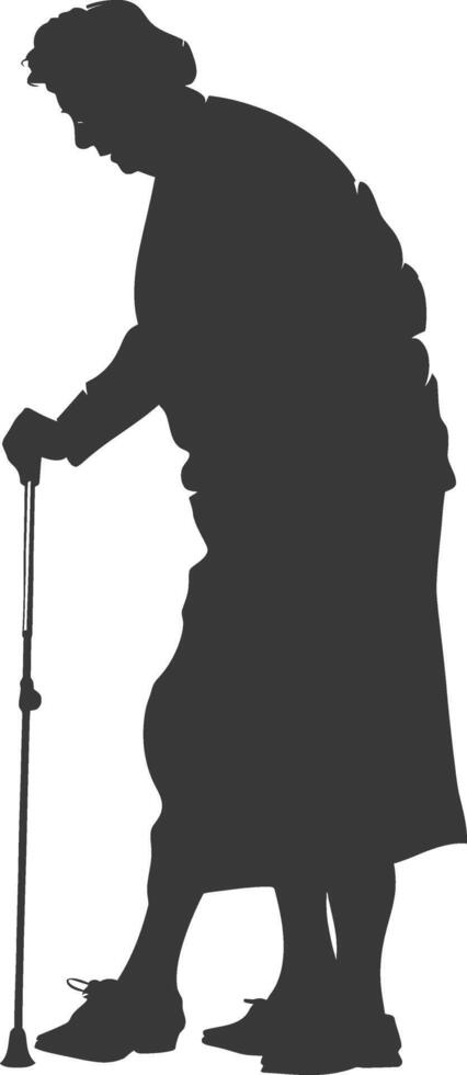 silhouette elderly woman with walking stick full body black color only vector