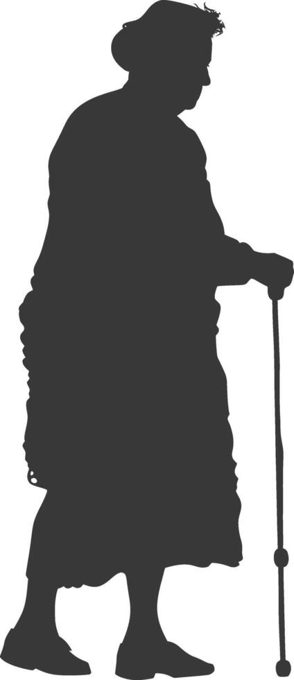 silhouette elderly woman with walking stick full body black color only vector