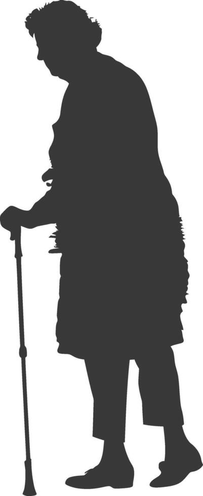 silhouette elderly woman with walking stick full body black color only vector