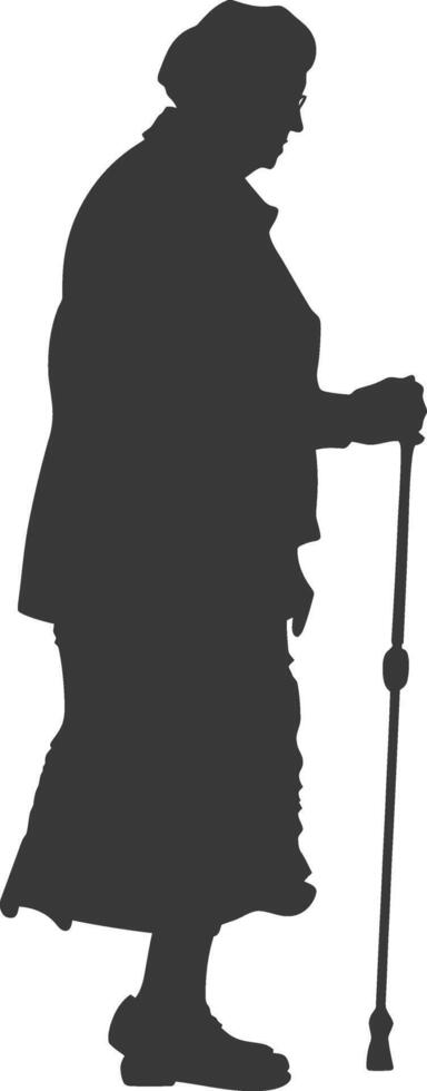 silhouette elderly woman with walking stick full body black color only vector