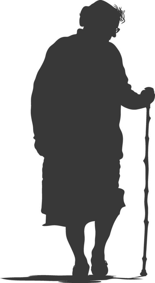 silhouette elderly woman with walking stick full body black color only vector