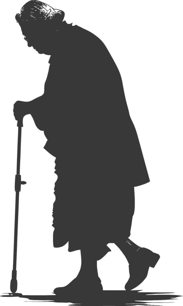 silhouette elderly woman with walking stick full body black color only vector