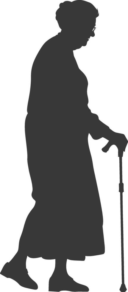 silhouette elderly woman with walking stick full body black color only vector
