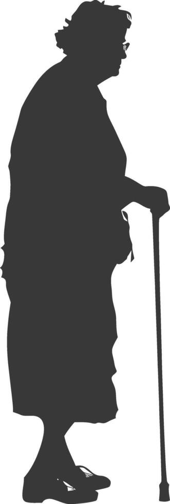silhouette elderly woman with walking stick full body black color only vector