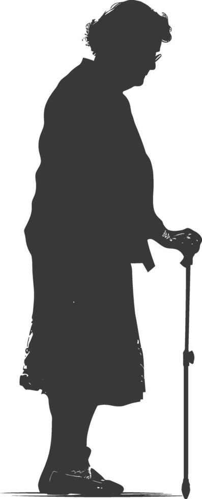 silhouette elderly woman with walking stick full body black color only vector