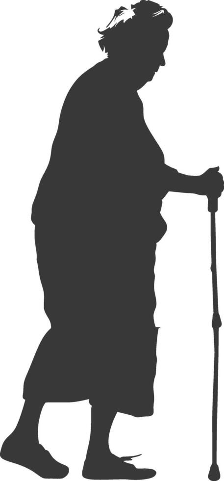 silhouette elderly woman with walking stick full body black color only vector