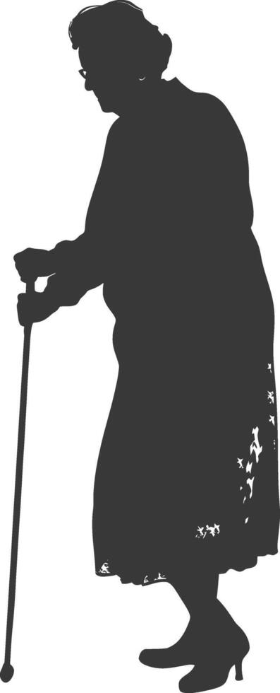 silhouette elderly woman with walking stick full body black color only vector