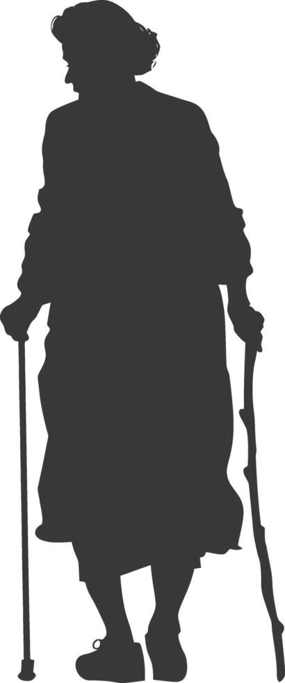 silhouette elderly woman with walking stick full body black color only vector
