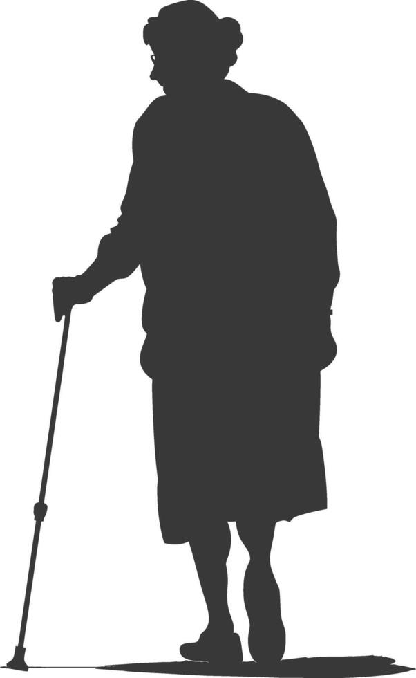 silhouette elderly woman with walking stick full body black color only vector