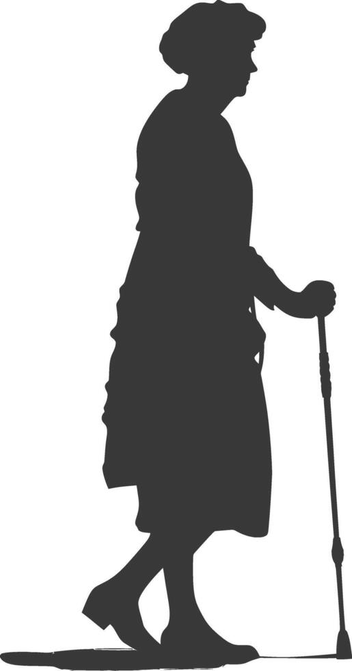 silhouette elderly woman with walking stick full body black color only vector