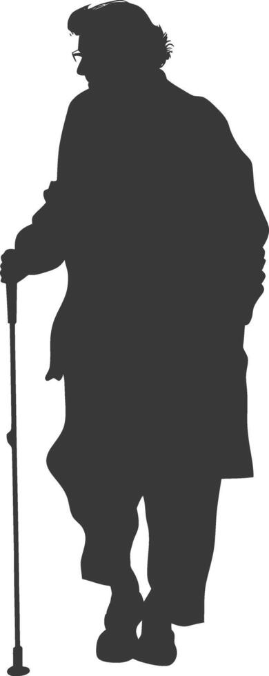 silhouette elderly woman with walking stick full body black color only vector