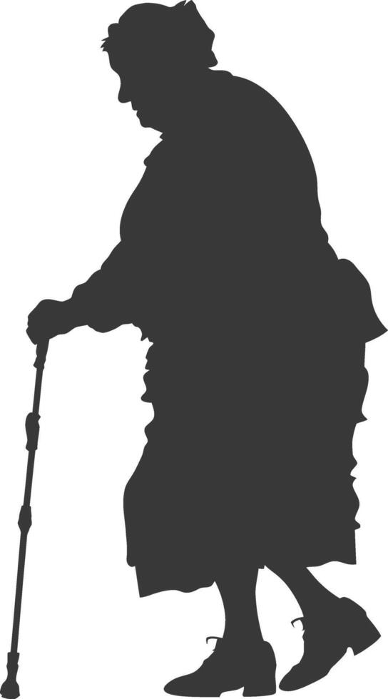 silhouette elderly woman with walking stick full body black color only vector